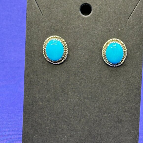 Sterling Silver & Turquoise Colored Cabochon Post Earrings - Picture 12 of 12